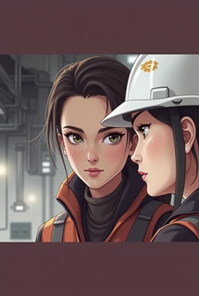 woman engineer, short black hair, white plussize helmet 