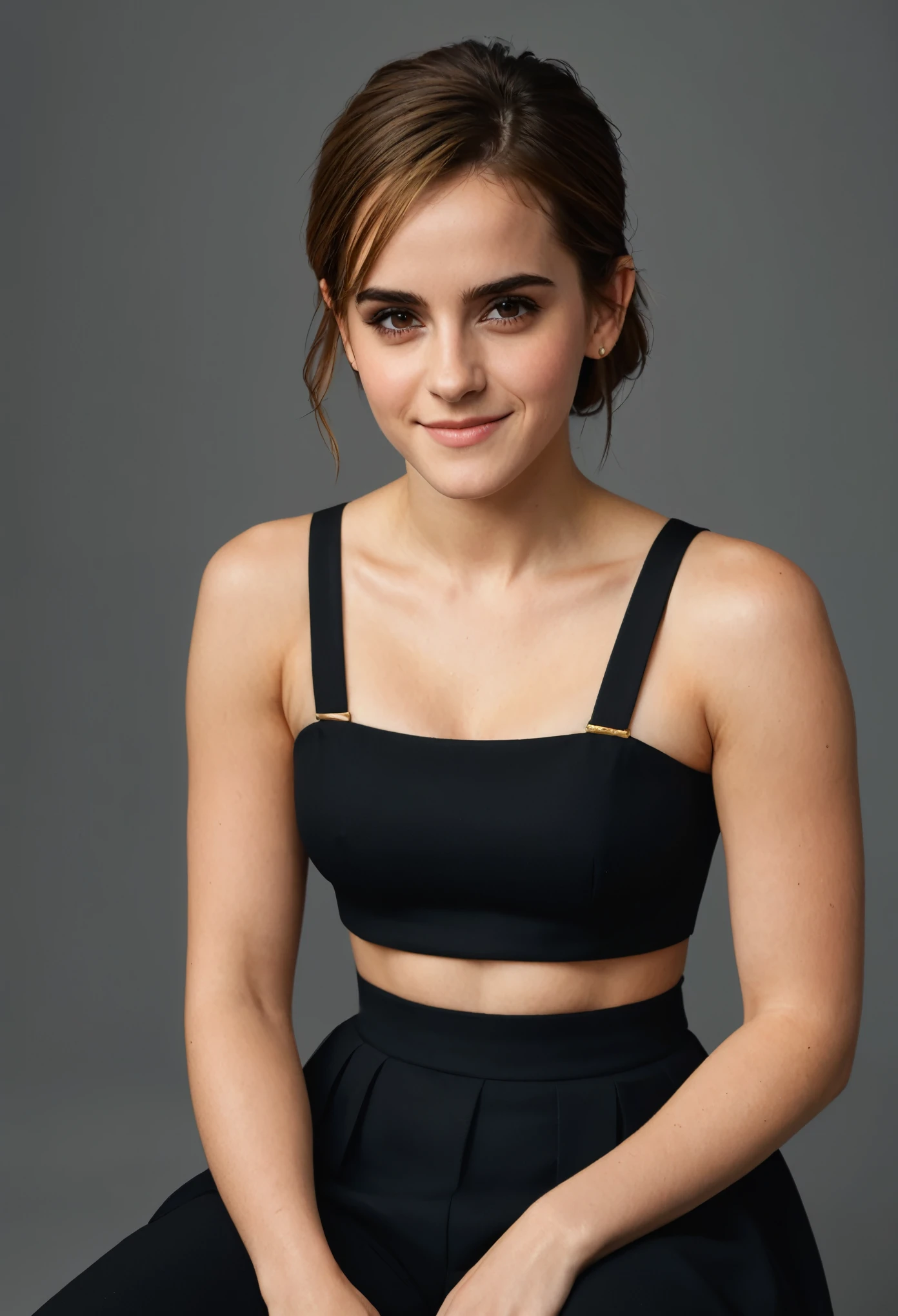 1girl, ((upper body, looking at camera)), Emma Watson, ((Looking interested!! Looking amused!! Smug. Wicked grin)). (Seated, facing camera). Masterpiece, top quality, best quality, beautiful eyes, perfect eyes, muscular, attractive, crop top.