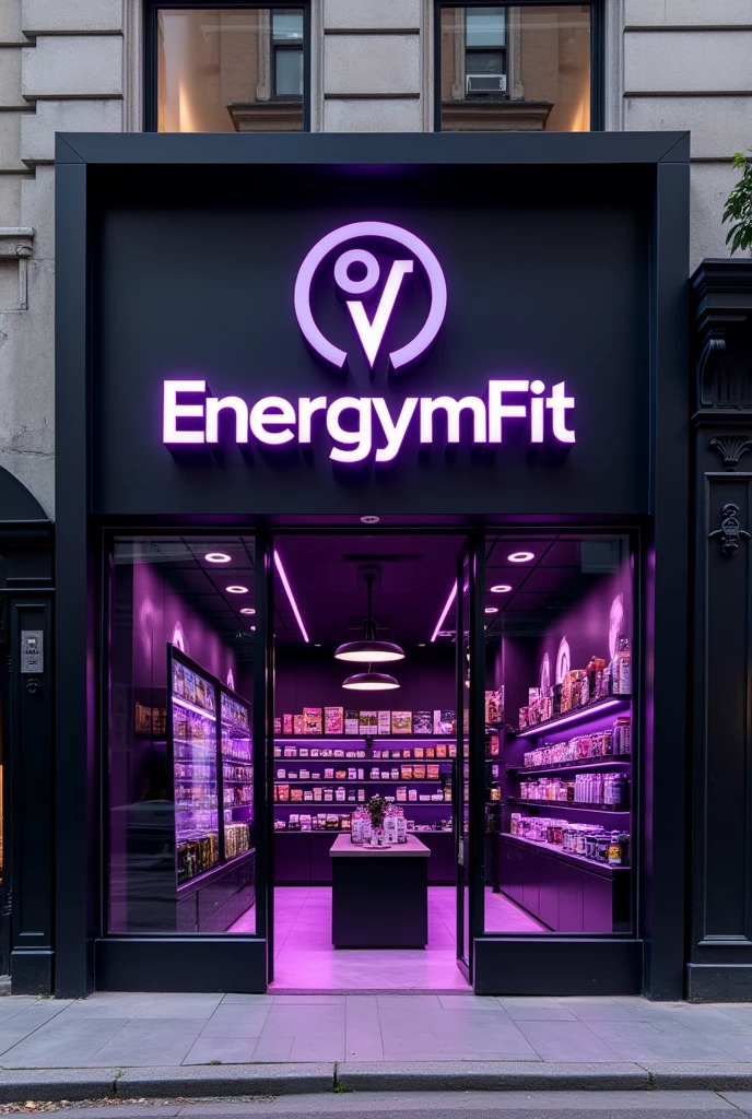Create the facade of a supplement store in purple and black with the name EnerGym FIT