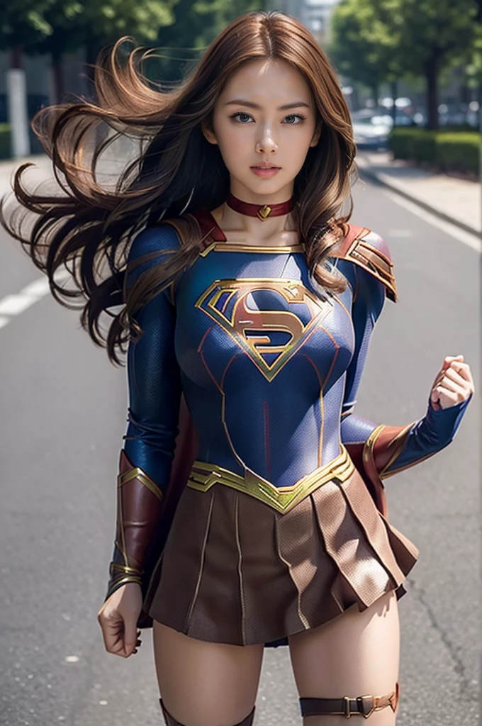 Ultra-realistic depictions,ultra-fine photos,, Best quality, Ultra high definition, Natural light, Full body portrait,( Amazingly beautiful style),((Chestnut hair and semi-long hair that sits in the wind))), Dynamic poses, Detailed beauty face, Brilliant eyes, Front view, (((supergirl costume))), enamel boots, big and full breasts, off shoulder, model body shape, shiny, long sleeve, looking at camera, choker, red mini skirt, Weekly magazine cover, gravure magazine, sweaty, from right in front, Seduce, Urban street, (Beautiful body in detail),((Big)),High detail skin, Realistic skin details, visible pores, sharp focus, 8K UHD, digital, high quality, fair skin, view from below