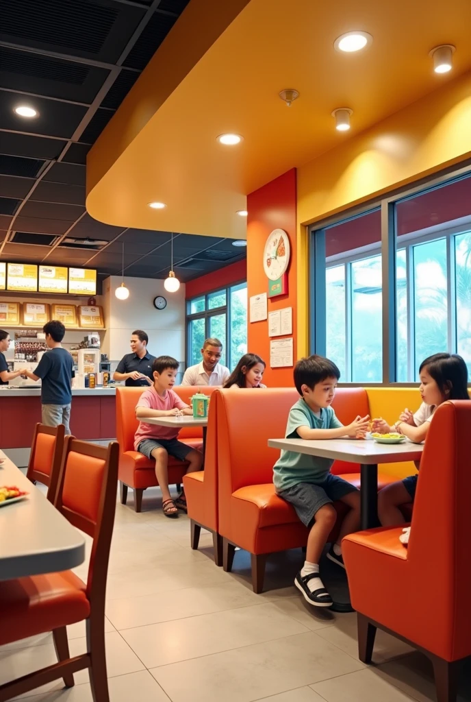 a fast food restaurant where high chair for kids are placing with staff Nando's restaurant