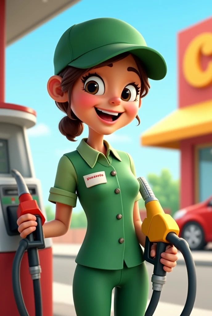 A gas station attendant wearing green clothes and holding a gas nozzle cartoon 