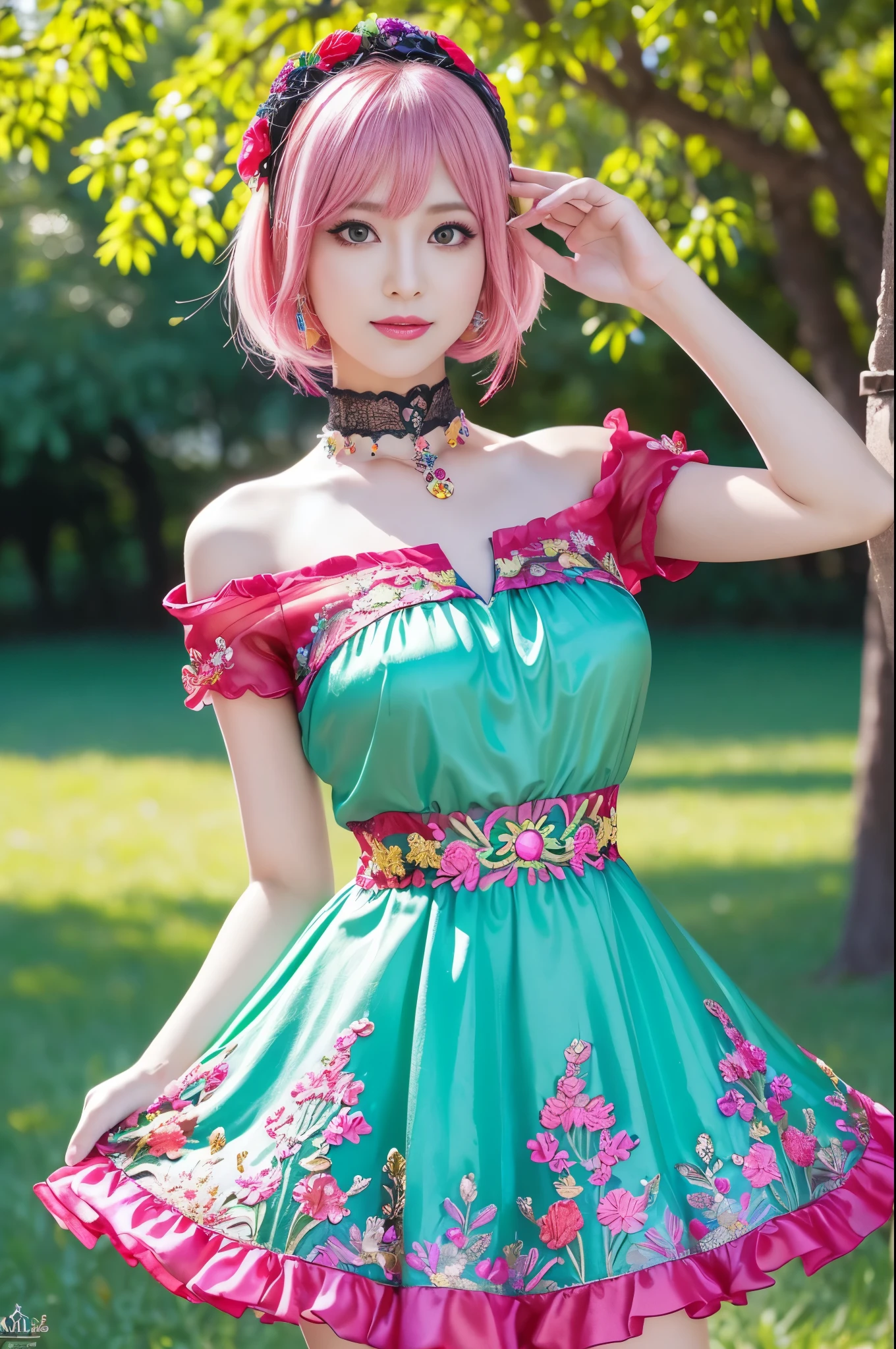 (masterpiece:1.4), (best quality:1.4), ultra high res, ultra high resolution, ((detailed facial features)), HDR, (realistic, photorealistic, photo-realistic:1.37), full body Esbian, sexy swedish model, (-anime), only 1 model, vivid colors, ((vivid colors colorful (pink, lime, light blue) very short hair)), sexy smile, lipgloss, long lashes, defined eyebrows, wearing large sparkling colorful jewelery, wearing a red silk Paradise Kiss cosplay dress with black floral embroidery, ((vivid colors outfit)), vivid colors, look at the camera, cinematic light, large park background with trees, sweet and sexy pose