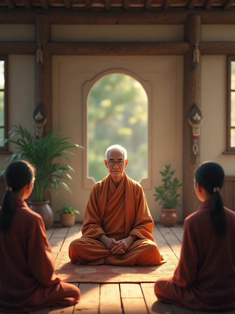 A warm, elderly Buddhist woman with a serene expression, dressed in traditional robes, sits cross-legged in a peaceful, rustic room filled with natural light. She is about to share wisdom with a small group of attentive listeners. The room has simple wooden decor with Buddhist symbols and a few potted plants. The same elderly woman is featured throughout, radiating kindness and wisdom. 16:9