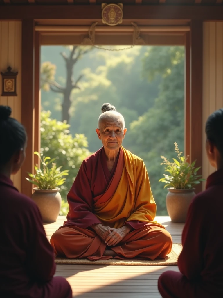 A warm, elderly Buddhist woman with a serene expression, dressed in traditional robes, sits cross-legged in a peaceful, rustic room filled with natural light. She is about to share wisdom with a small group of attentive listeners. The room has simple wooden decor with Buddhist symbols and a few potted plants. The same elderly woman is featured throughout, radiating kindness and wisdom. 16:9