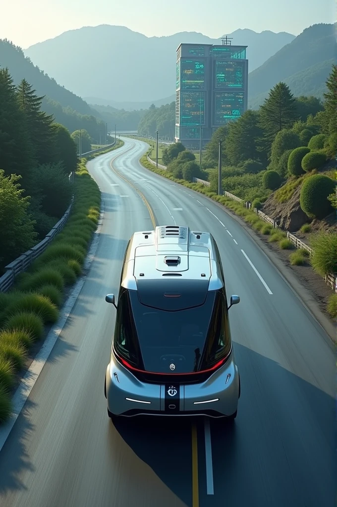 Create image of driverless van running on road connected with 5g cloud site