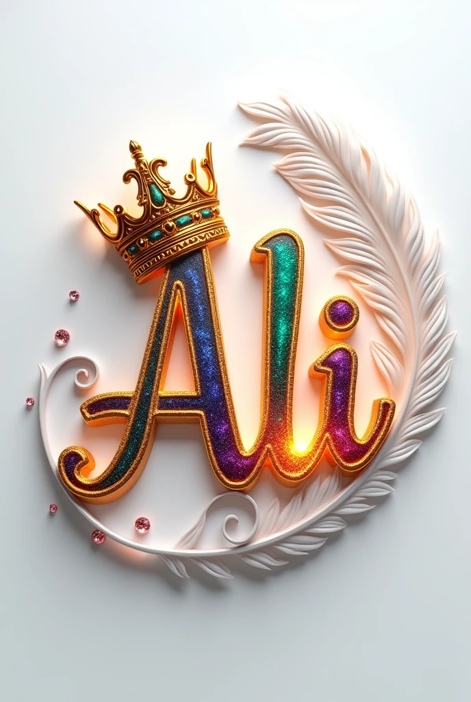 A mesmerizing 3D digital art masterpiece that captivates the viewer with its intricate design. The name,Ali,, is prominently displayed in a striking font, adorned with a luxurious golden crown. A flowing feather gracefully follows behind, adding to the design's visual appeal. The name glows in vibrant colors such as gold, red, deep blue, pink, green, and purple, enhancing its breathtaking beauty. Warm silver lighting illuminates the design, creating depth and dimension, and delicate diamonds are strategically placed for added glamour. The pristine white background highlights the name, transforming the design into a truly fascinating piece. With its cinematicposter-like quality, this extraordinary work of art masterfully blends elements of dark fantasy, and 3D rendering, typography, and 3D shiny,glittery rendering., architecture, typography