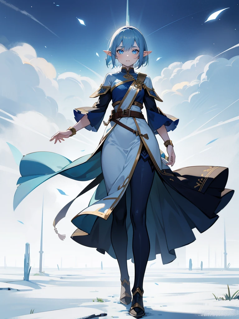 detailed, 1girl,detailed face,elf,short blue hair, dark blue eyes,elf, pale skin,fantasy,fullbody,wind