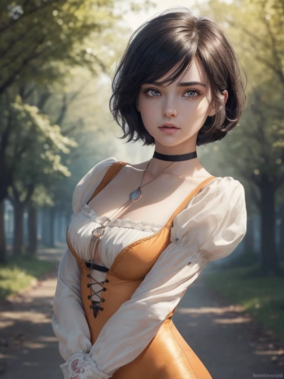 1 girl, ffgarnet, garnet, short hair, swept bangs, black hair, bodysuit, choker, gloves, jewelry, juliet sleeves, long sleeves, necklace, orange bodysuit, pendant, puffy sleeves, red gloves, looking at viewer, outdoors, village, (masterpiece:1.2), best quality, high resolution, unity 8k wallpaper, (illustration:0.8), (beautiful detailed eyes:1.6), extremely detailed face, perfect lighting, extremely detailed CG, (perfect hands, perfect anatomy), bound arms
arms behind back, ((Hanging, Both wrists are tied, Both hands are pulled upwards)), bondage, mouth open in surprise