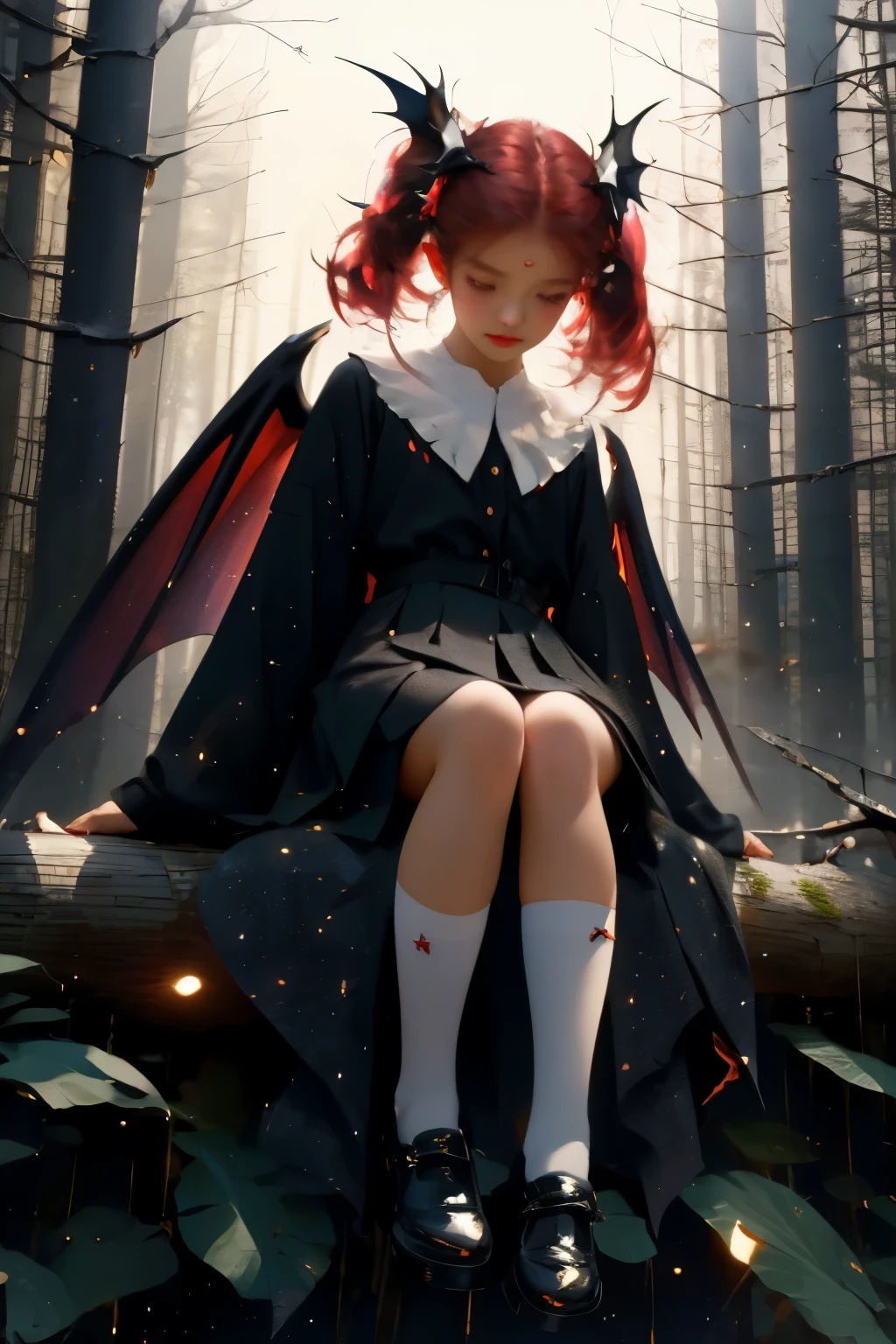 uhd, 4k, textured skin, good quality, High details, ​masterpiece, best quality, (Amazingly absurd:1.2), (​masterpiece:1.2), 1 Vampire Girl with little demon wings on the back sitting on tree looking down at viewer, sieht auf dich herunter, dress with ruffles, evil smirking, glowing red eyes, shiny hair , fullbody, two colored hair, hairbow, black knee socks, Kawaiitech, soft colours, Kawaii, Beautiful colors, studio lighting, wide angel,(wet:0.5), (Forest:1.5), (Rain:1), (Night:2), 