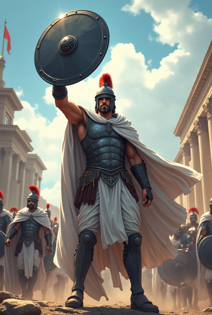 Warrior of Ancient Greece, with gray armor, ((white garments and cape)), holding a spear and a shield, raising the shield to form a shield wall, leading a battalion to protect the city, round gray shield with claw emblem, ((anime styling)), best qualityer, maximum detail. 