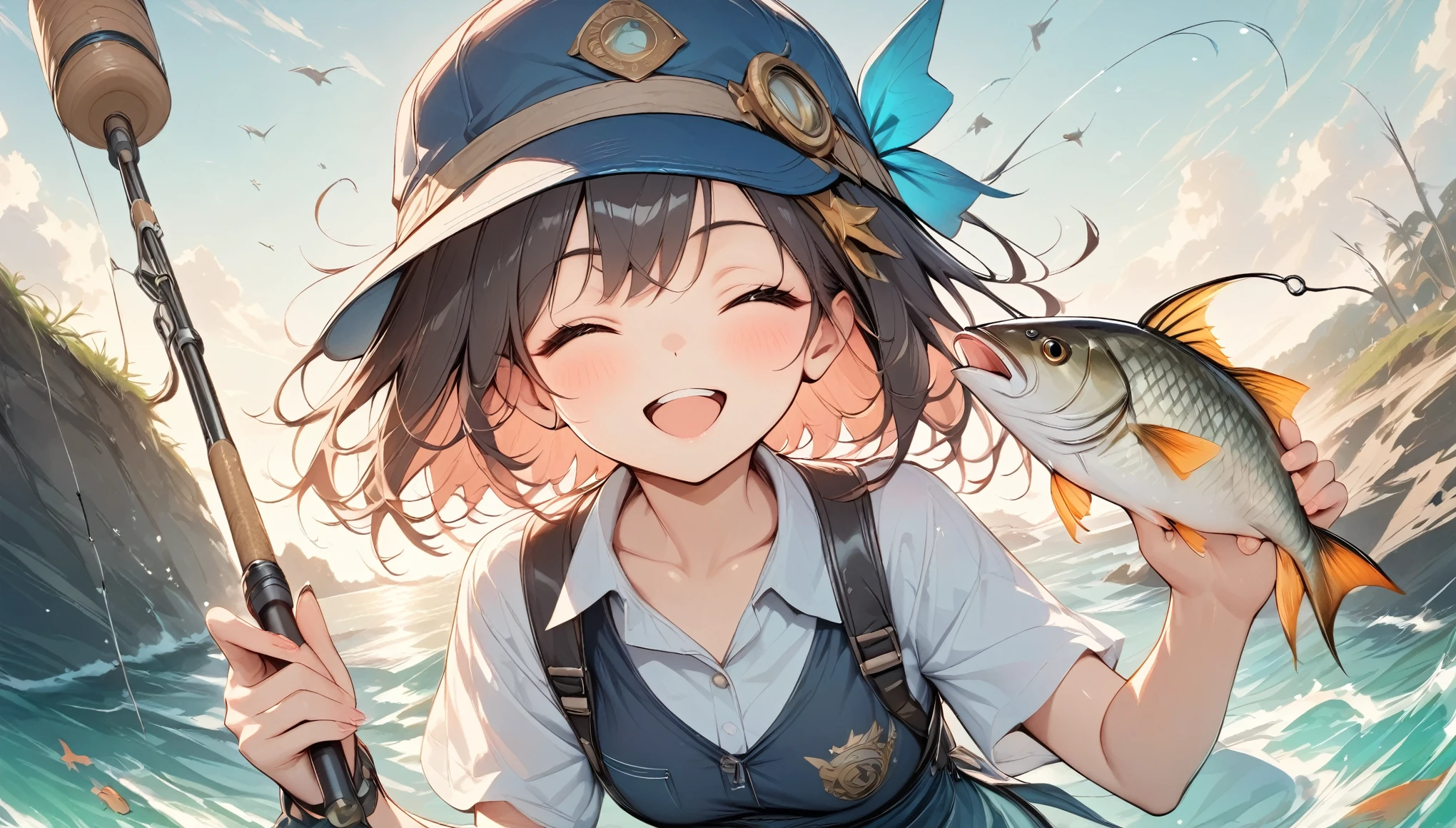 Light colors, ((Amazingly absurd)), Ultra high resolution, Attention to detail, High quality, High resolution, Top quality, 4k, 8K, Artwork, Highlight fishing rod and fish, Summer breakwater, Fishing girl, Black vest, Cap, Eyes closed, Big smiling mouth, Big smile after catching a fish, Angel smile, Rod in left hand, Fish in right hand