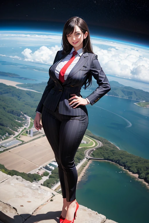 , giga giantess art, standing on top of a city, in the middle of a city, young adult, curvy, a pair of huge breasts, slim, light grey pinstriped trouser-suit and blazer,white tailored shirt, (large Windsor knot red tie), waist-length hair,Wearing a pair of red platform heels,distance shot, A look of enjoyment, Beautiful appearance, smile, view from space, giga giantess