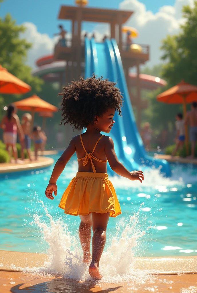 realistic ,little black girl at waterpark ,from behind
