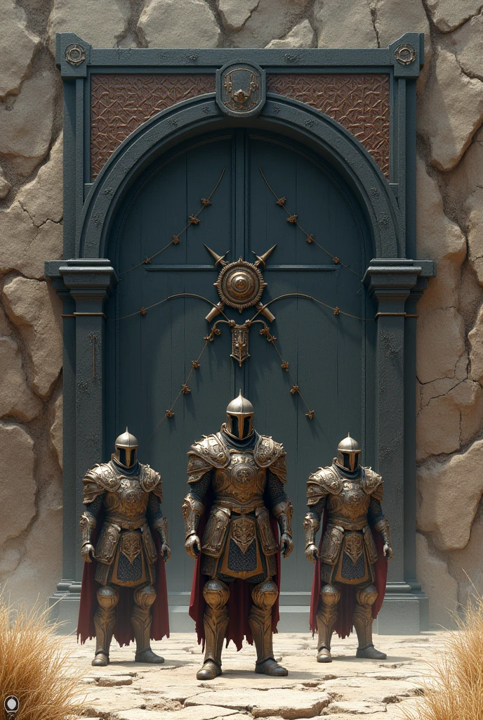 Create a giant iron door on the floor with three soldiers in warrior armor