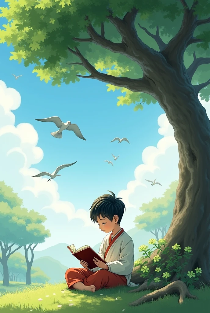 A boy reading a book under tree, the tree beside of captivating area. And in the sky flying some birth. But the boy is wearing traditional dress.