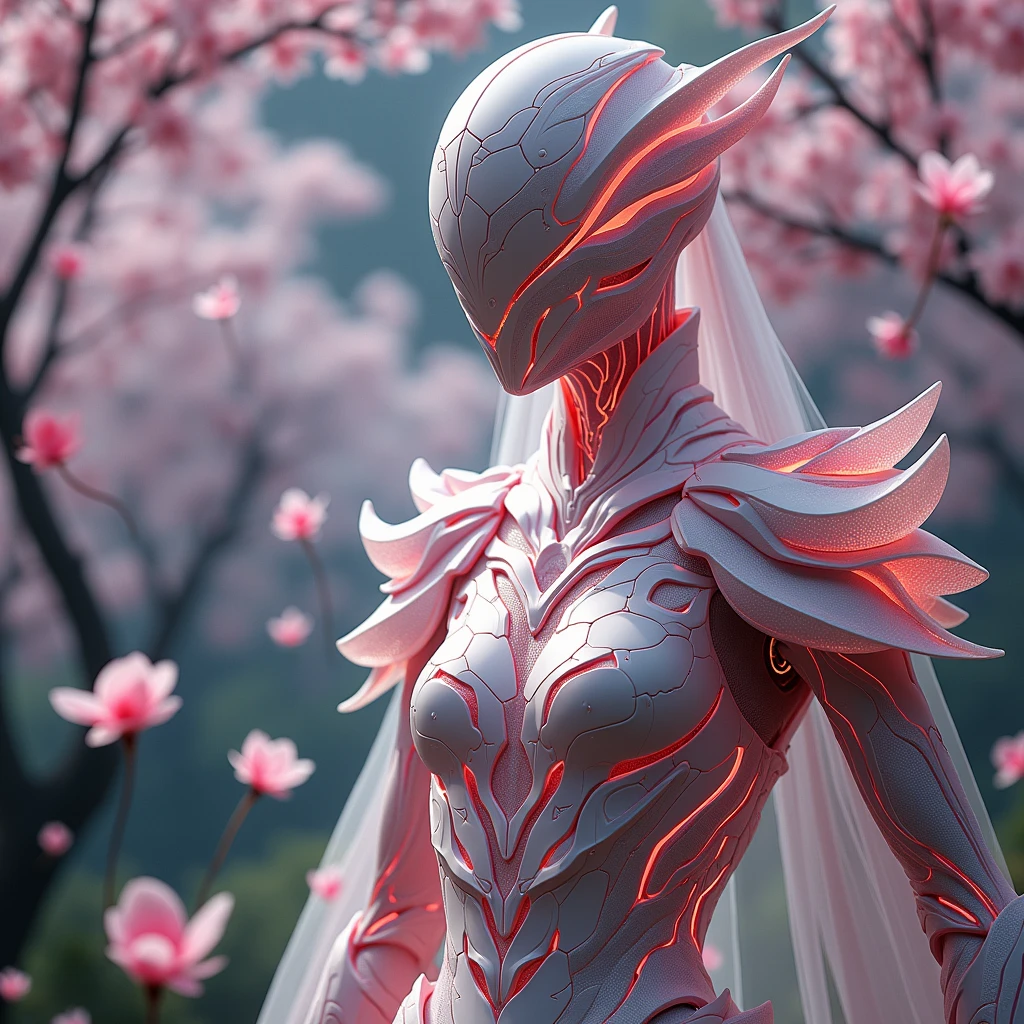 A tall, elegant warrior woman from the Sakurianas species, wearing a unique armor that reflects their abilities and beauty. The armor is lightweight, made of petal-like material that is 100 times stronger than diamond but appears delicate and organic. The armor has a shimmering pink and white color scheme, resembling the natural hues of Sakura petals. The chest plate and shoulder guards are adorned with intricate floral patterns that look like blooming Sakura flowers. The helmet is sleek, with a visor shaped like overlapping petals, and the whole armor has a flexible, almost fluid-like appearance. The armor also has glowing veins of energy running through it, matching the regenerative and powerful nature of the wearer. The background is a mystical forest, with falling Sakura petals around the warrior.