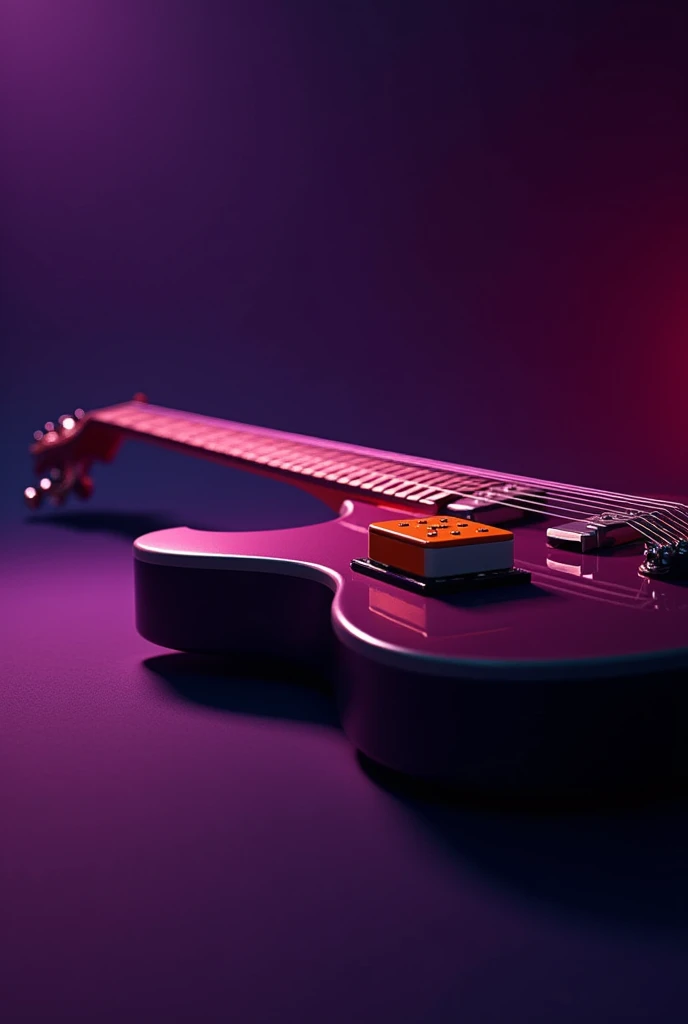 Asthetic photo of a guitar lying on the floor with orange and white pickups on top with purple lighting