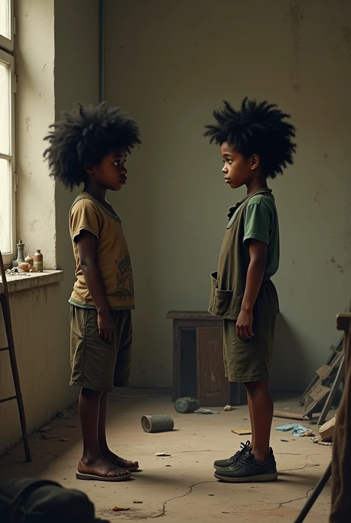 A poor black girl talking to her  brother in a poor room without a bed