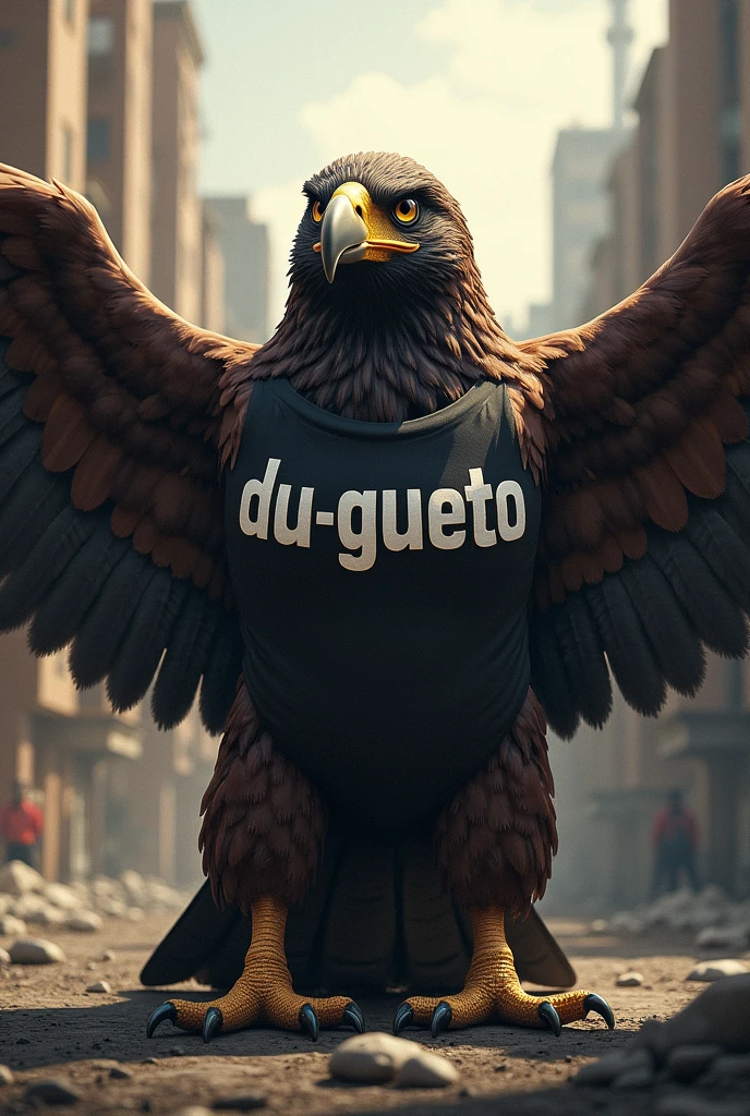 Create an eagle with a shirt written DU-GUETO looking forward