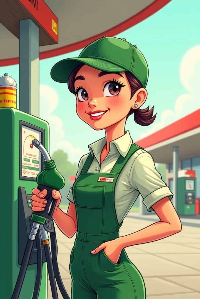 A gas station attendant in green clothes calling and holding a gas nozzle cartoon