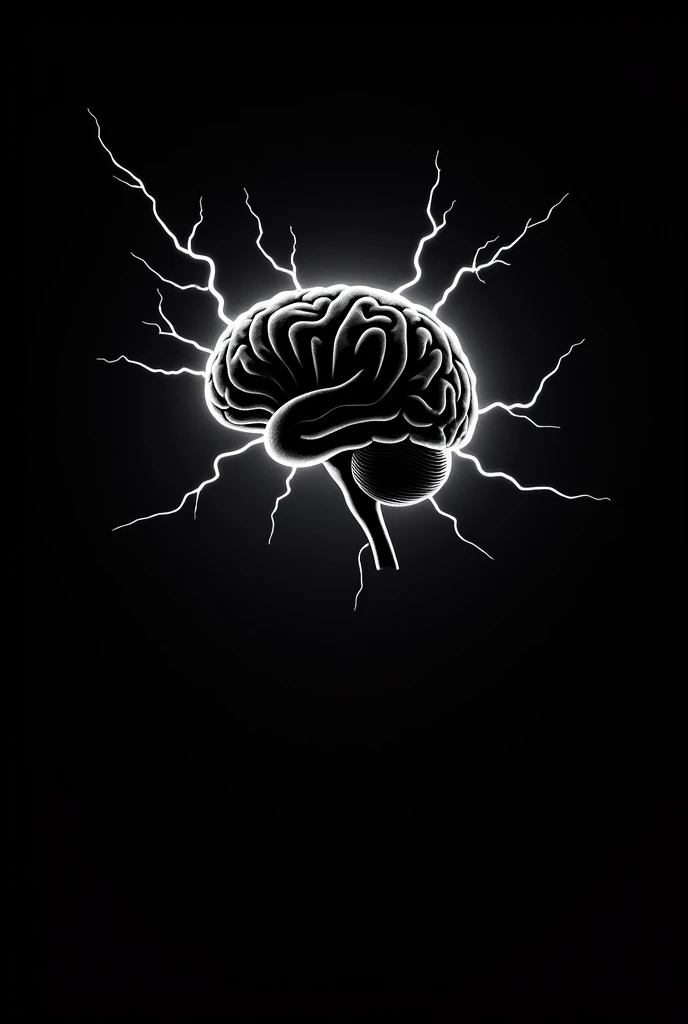 Create an image of a brain silhouette drawn on a black background with shadow with black and white lightning bolts