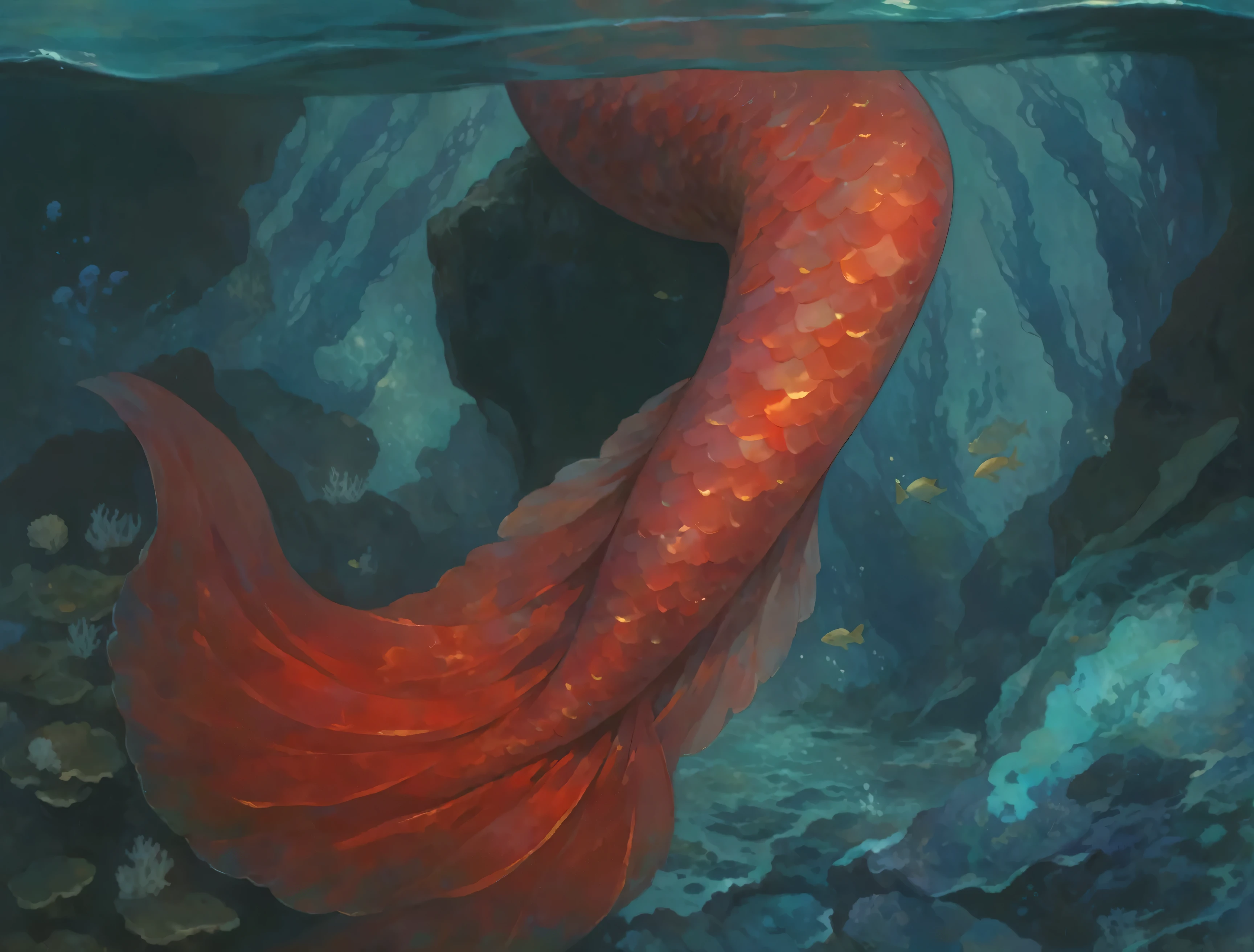 lower part of a mermaid, red scales with gold details, , sea background, corals, Pisces, detalhes de sea background, water, 