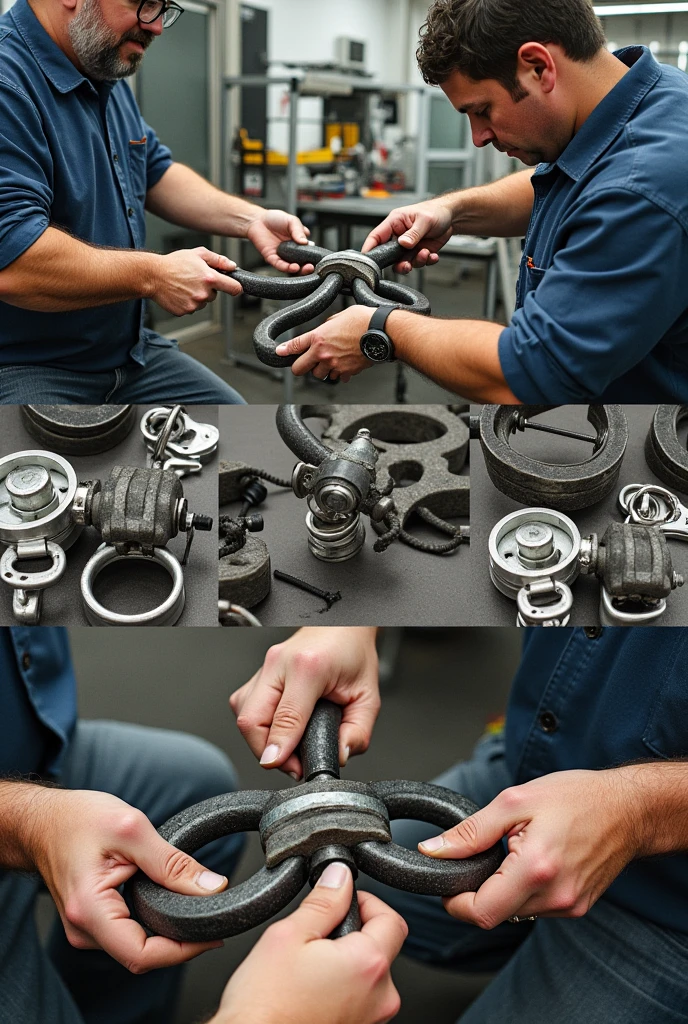 Image showing the disassembly of a shackle after use, with workers carefully dismantling parts of the structure, ready to be reused.
