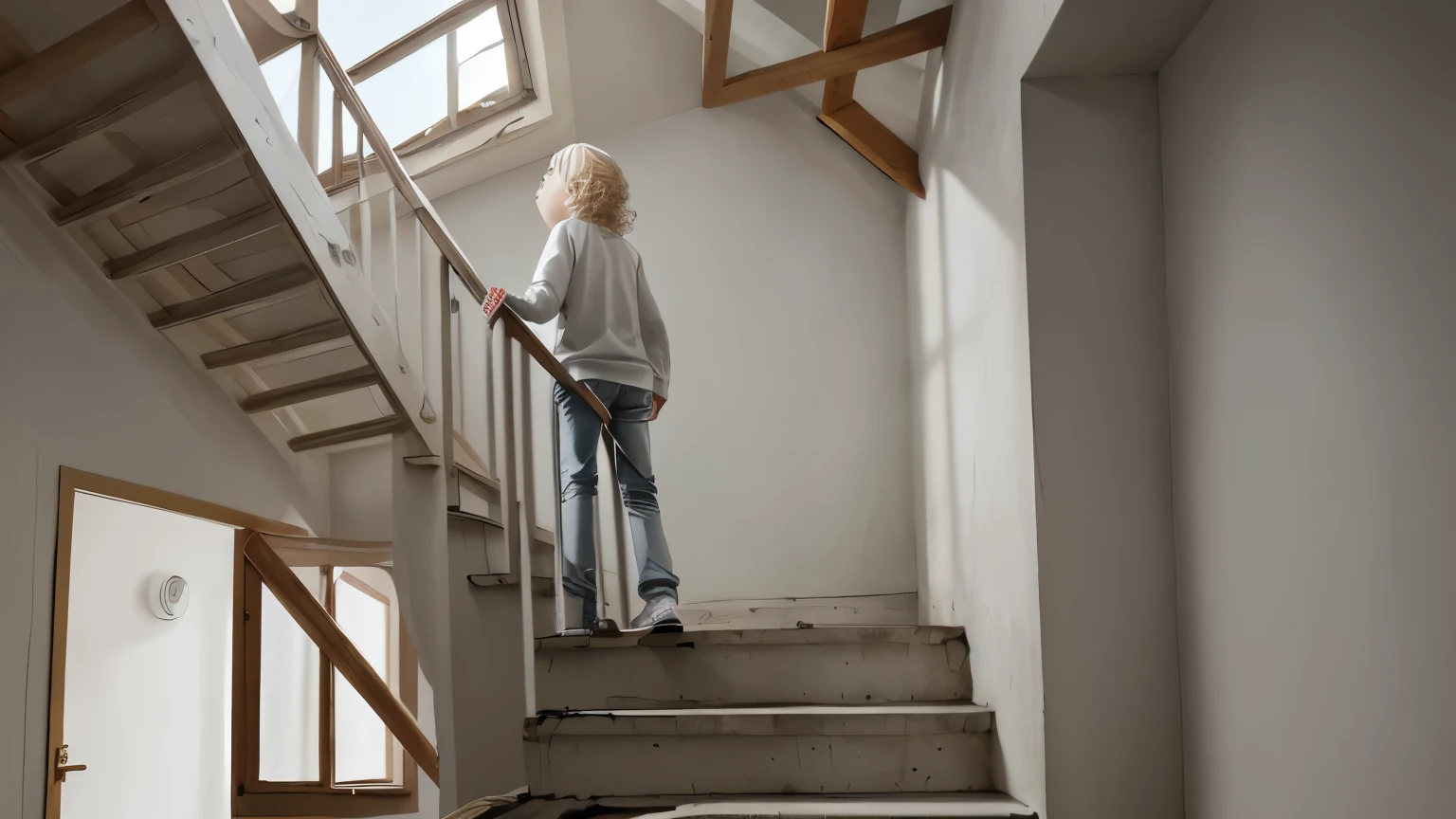 Zdenka Hoa, ten-year-old girl, white, with blond curly hair, light gray shirt, long sleeves, brown pants, gray sneakers, seen from the back, climbing a narrow and steep staircase leading to an attic, book illustration style children's, anime art
