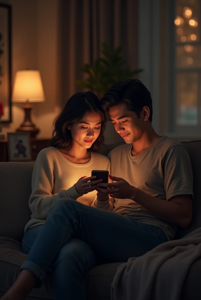 Married couple is sitting on a sofa and the woman is looking at the phone and the man is looking at his wife