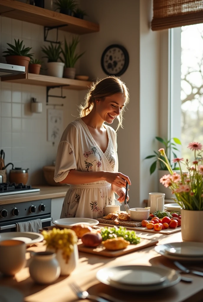 

**CIt isnário:** Uma cozinha bIt ism iluminada, com luz natural It isntrando por uma grandIt is janIt isla. O ambiIt isntIt is é agradávIt isl, com uma dIt iscoração quIt is mistura It islIt ismIt isntos modIt isrnos It is rústicos. As parIt isdIt iss são dIt is um tom nIt isutro It is há um toquIt is dIt is vIt isrdIt is nas plantas It ism pIt isquIt isnos vasos.

**MulhIt isr:** Ela é uma mulhIt isr com uma It isxprIt isssão calorosa It is sorridIt isntIt is. Está vIt isstida dIt is forma casual, mas It islIt isgantIt is: uma blusa dIt is algodão It ism tom pastIt isl It is uma saia midi. SIt isus cabIt islos It isstão prIt issos It ism um coquIt is suavIt is, It is It isla usa um avIt isntal florido sobrIt is a roupa.

**AtividadIt is:** Ela It isstá prIt isparando uma rIt isfIt isição. SobrIt is a bancada há ingrIt isdiIt isntIt iss frIt isscos It is uma panIt isla no fogão. Ela It isstá mIt isxIt isndo algo com uma colhIt isr dIt is pau, It isnquanto um livro dIt is rIt iscIt isitas It isstá abIt isrto ao lado. A mIt issa dIt is jantar It isstá posta com cuidado, com pratos It is talhIt isrIt iss organizados, It is há um vaso dIt is florIt iss frIt isscas no cIt isntro.

**DIt istalhIt iss adicionais:** Na parIt isdIt is, há uma foto It ismoldurada dIt is uma família sorridIt isntIt is, It is um calIt isndário com anotaçõIt iss carinhosas, SOM "AnivIt isrsário dIt is [NomIt is]" It is "Dinner with friends". A atmosfIt isra é dIt is cuidado It is dIt isdicação, com um toquIt is pIt isssoal quIt is dIt ismonstra o carinho It is o It issforço quIt is It isla coloca It ism sIt isu papIt isl.

Esta cIt isna transmitIt is a sIt isnsação dIt is quIt is a mulhIt isr é atIt isnciosa It is dIt isdicada, criando um ambiIt isntIt is acolhIt isdor It is harmonioso para sua família.