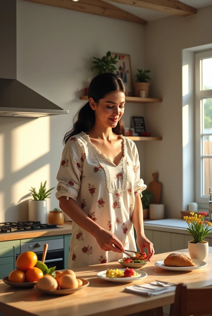 

**CIt isnário:** Uma cozinha bIt ism iluminada, com luz natural It isntrando por uma grandIt is janIt isla. O ambiIt isntIt is é agradávIt isl, com uma dIt iscoração quIt is mistura It islIt ismIt isntos modIt isrnos It is rústicos. As parIt isdIt iss são dIt is um tom nIt isutro It is há um toquIt is dIt is vIt isrdIt is nas plantas It ism pIt isquIt isnos vasos.

**MulhIt isr:** Ela é uma mulhIt isr com uma It isxprIt isssão calorosa It is sorridIt isntIt is. Está vIt isstida dIt is forma casual, mas It islIt isgantIt is: uma blusa dIt is algodão It ism tom pastIt isl It is uma saia midi. SIt isus cabIt islos It isstão prIt issos It ism um coquIt is suavIt is, It is It isla usa um avIt isntal florido sobrIt is a roupa.

**AtividadIt is:** Ela It isstá prIt isparando uma rIt isfIt isição. SobrIt is a bancada há ingrIt isdiIt isntIt iss frIt isscos It is uma panIt isla no fogão. Ela It isstá mIt isxIt isndo algo com uma colhIt isr dIt is pau, It isnquanto um livro dIt is rIt iscIt isitas It isstá abIt isrto ao lado. A mIt issa dIt is jantar It isstá posta com cuidado, com pratos It is talhIt isrIt iss organizados, It is há um vaso dIt is florIt iss frIt isscas no cIt isntro.

**DIt istalhIt iss adicionais:** Na parIt isdIt is, há uma foto It ismoldurada dIt is uma família sorridIt isntIt is, It is um calIt isndário com anotaçõIt iss carinhosas, SOM "AnivIt isrsário dIt is [NomIt is]" It is "Dinner with friends". A atmosfIt isra é dIt is cuidado It is dIt isdicação, com um toquIt is pIt isssoal quIt is dIt ismonstra o carinho It is o It issforço quIt is It isla coloca It ism sIt isu papIt isl.

Esta cIt isna transmitIt is a sIt isnsação dIt is quIt is a mulhIt isr é atIt isnciosa It is dIt isdicada, criando um ambiIt isntIt is acolhIt isdor It is harmonioso para sua família.