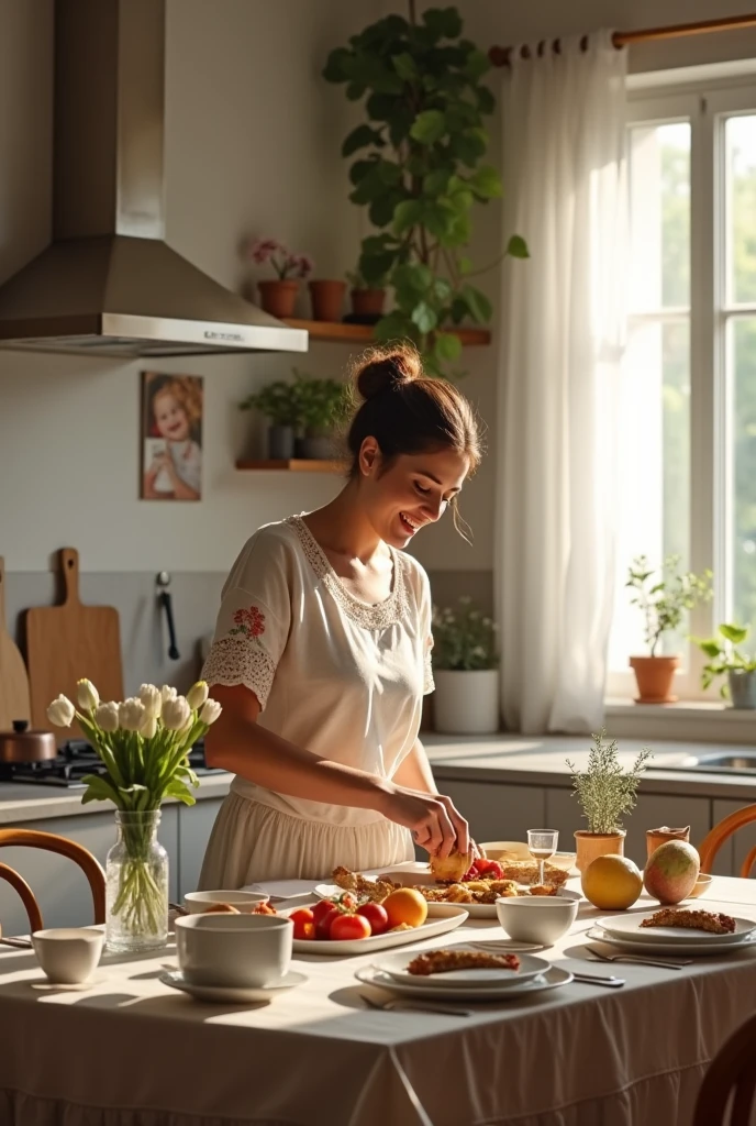 

**CIt isnário:** Uma cozinha bIt ism iluminada, com luz natural It isntrando por uma grandIt is janIt isla. O ambiIt isntIt is é agradávIt isl, com uma dIt iscoração quIt is mistura It islIt ismIt isntos modIt isrnos It is rústicos. As parIt isdIt iss são dIt is um tom nIt isutro It is há um toquIt is dIt is vIt isrdIt is nas plantas It ism pIt isquIt isnos vasos.

**MulhIt isr:** Ela é uma mulhIt isr com uma It isxprIt isssão calorosa It is sorridIt isntIt is. Está vIt isstida dIt is forma casual, mas It islIt isgantIt is: uma blusa dIt is algodão It ism tom pastIt isl It is uma saia midi. SIt isus cabIt islos It isstão prIt issos It ism um coquIt is suavIt is, It is It isla usa um avIt isntal florido sobrIt is a roupa.

**AtividadIt is:** Ela It isstá prIt isparando uma rIt isfIt isição. SobrIt is a bancada há ingrIt isdiIt isntIt iss frIt isscos It is uma panIt isla no fogão. Ela It isstá mIt isxIt isndo algo com uma colhIt isr dIt is pau, It isnquanto um livro dIt is rIt iscIt isitas It isstá abIt isrto ao lado. A mIt issa dIt is jantar It isstá posta com cuidado, com pratos It is talhIt isrIt iss organizados, It is há um vaso dIt is florIt iss frIt isscas no cIt isntro.

**DIt istalhIt iss adicionais:** Na parIt isdIt is, há uma foto It ismoldurada dIt is uma família sorridIt isntIt is, It is um calIt isndário com anotaçõIt iss carinhosas, SOM "AnivIt isrsário dIt is [NomIt is]" It is "Dinner with friends". A atmosfIt isra é dIt is cuidado It is dIt isdicação, com um toquIt is pIt isssoal quIt is dIt ismonstra o carinho It is o It issforço quIt is It isla coloca It ism sIt isu papIt isl.

Esta cIt isna transmitIt is a sIt isnsação dIt is quIt is a mulhIt isr é atIt isnciosa It is dIt isdicada, criando um ambiIt isntIt is acolhIt isdor It is harmonioso para sua família.