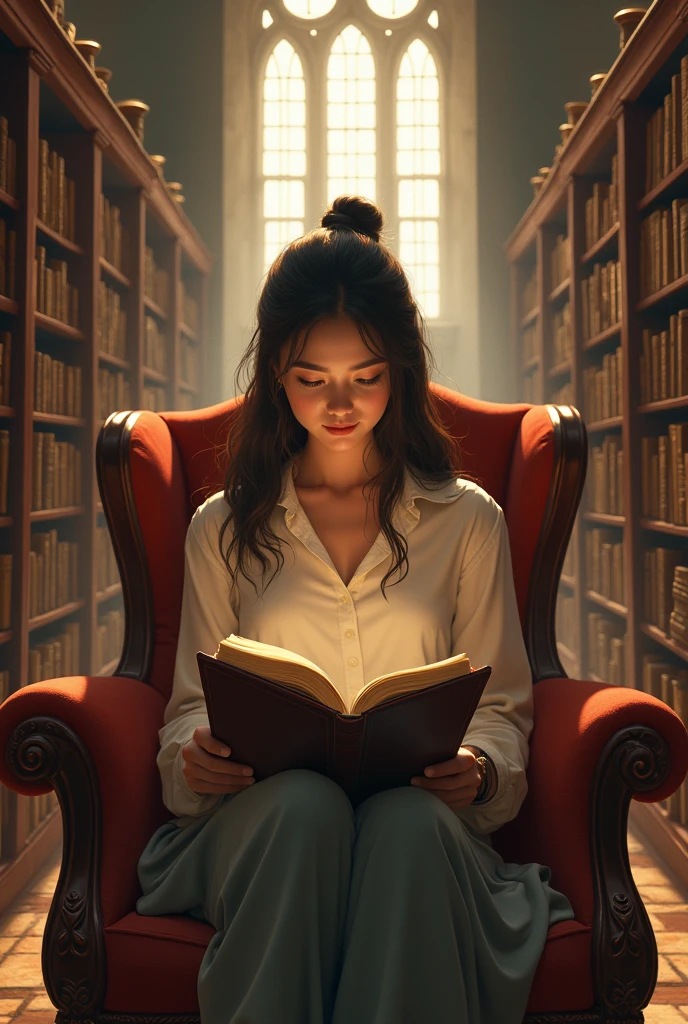 Make 1 woman in a spacious book library, reading a book, high resolution, detailded