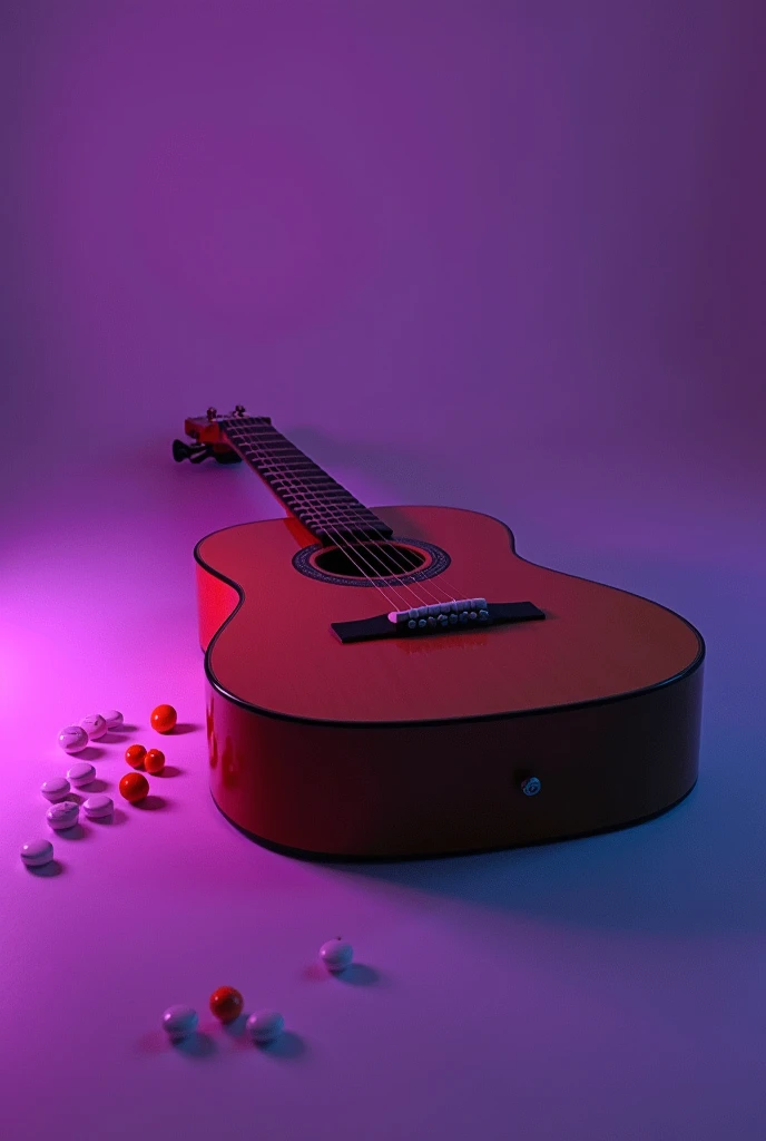 Asthetic photo of Guitar lying on the floor with orange and white medicine pills on top with purple lighting and photo noise 
