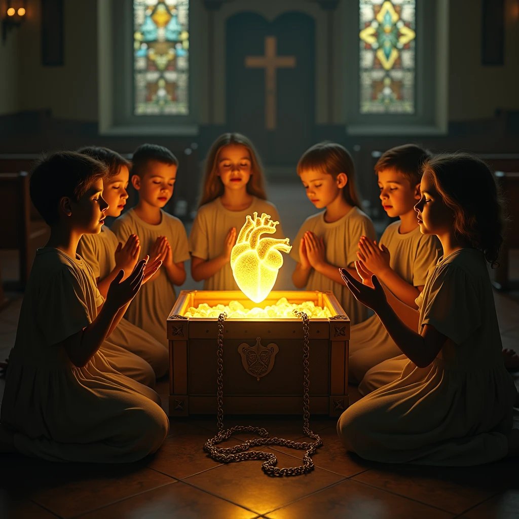 Children praying with their eyes closed around a glowing treasure chest with a real golden human heart inside attached by chains connected to children in a church Children praying around a glowing treasure chest with a real golden human heart inside attached by chains connected to children in a church (Photo Real) (detailded)