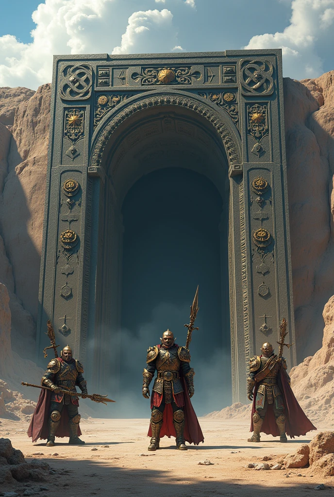 Create a giant iron door on the floor with three soldiers in warrior armor but the door is on the floor