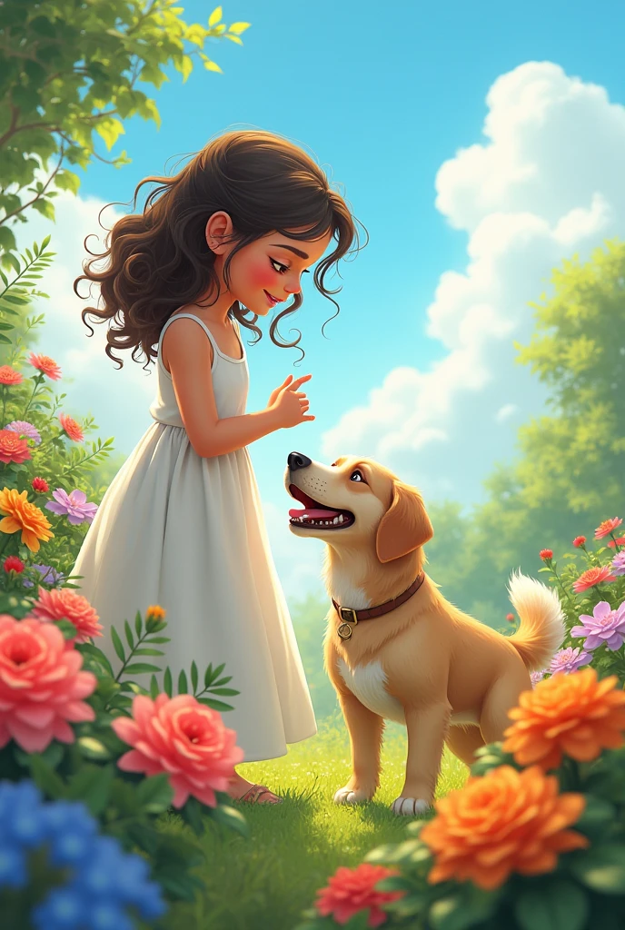 A  with curly hair and a white dress playing with her dog in a garden full of vibrant colored flowers under a clear sky