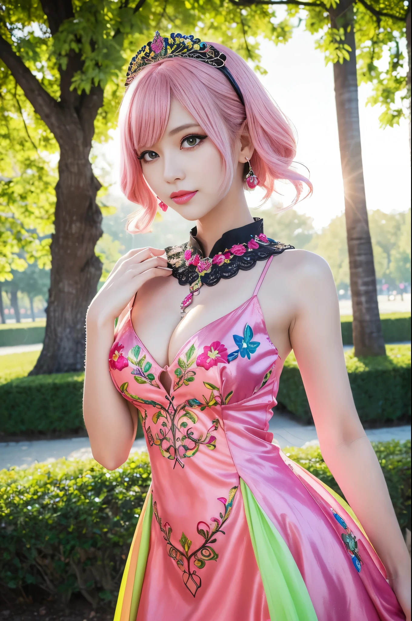 (masterpiece:1.4), (best quality:1.4), ultra high res, ultra high resolution, ((detailed facial features)), HDR, (realistic, photorealistic, photo-realistic:1.37), full body Esbian, sexy swedish model, (-anime), only 1 model, vivid colors, ((vivid colors colorful (pink, lime, light blue) very short hair)), sexy smile, lipgloss, long lashes, defined eyebrows, wearing large sparkling colorful jewelery, wearing a red silk Paradise Kiss cosplay dress with black floral embroidery, ((vivid colors outfit)), vivid colors, look at the camera, cinematic light, large park background with trees, sweet and sexy pose