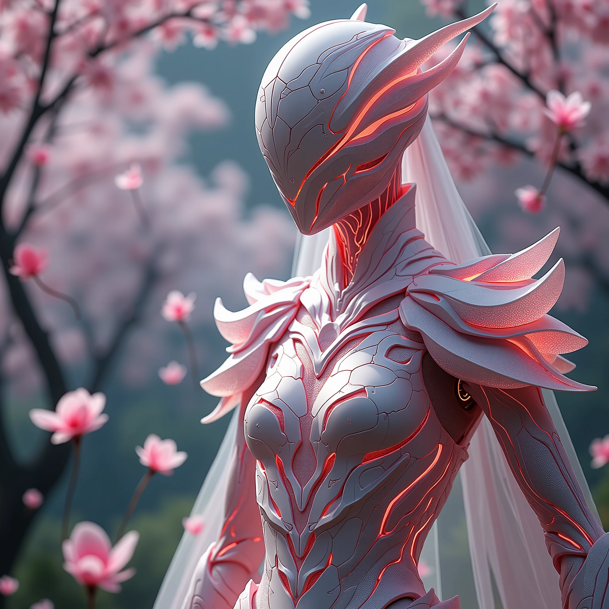 A tall, elegant warrior woman from the Sakurianas species, wearing a unique armor that reflects their abilities and beauty. The armor is lightweight, made of petal-like material that is 100 times stronger than diamond but appears delicate and organic. The armor has a shimmering pink and white color scheme, resembling the natural hues of Sakura petals. The chest plate and shoulder guards are adorned with intricate floral patterns that look like blooming Sakura flowers. The helmet is sleek, with a visor shaped like overlapping petals, and the whole armor has a flexible, almost fluid-like appearance. The armor also has glowing veins of energy running through it, matching the regenerative and powerful nature of the wearer. The background is a mystical forest, with falling Sakura petals around the warrior.