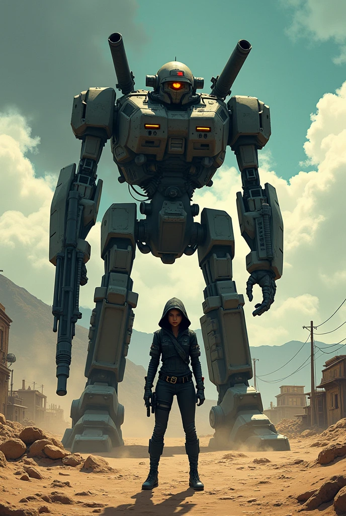 a long shot of a black youg woman dressed like post apocaliptic soldier in black with hood standing in the certer of the image looking defiantly at the camera. Behind you can see a two-meter tall humanoid heavy mecha combat robot with a machine gun on its shoulder. In the background you can see a desert with some semi-destroyed precarious houses and far mountains in the back, under a stormy clouds sky. Colorfull drawing Moebius style. Ultra-detailed image with vivid colors and dramatic cinematic light.