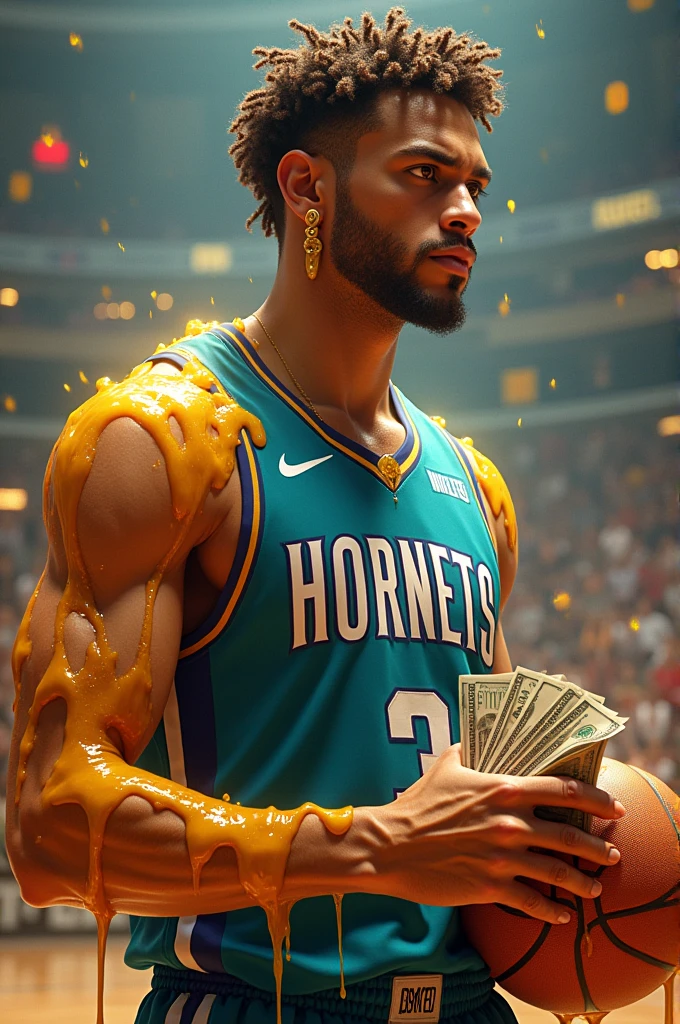 Create a Hornets basketball player with money in his hand and honey dripping down his arm, earrings dripping honey, and curly hair made of honey 