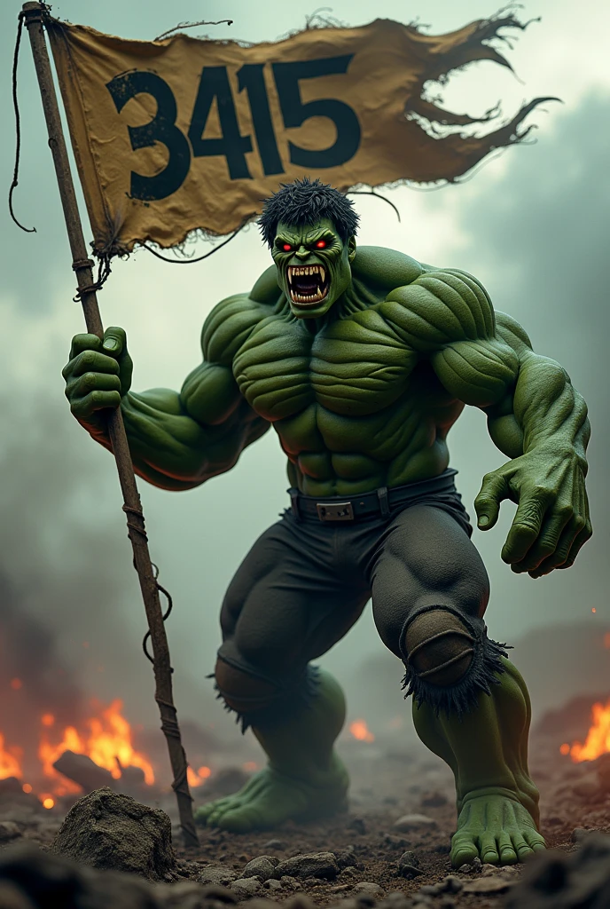 (Photorealism:1.2); The Incredible Hulk with demonic features, holding a flag with the inscription 3415.