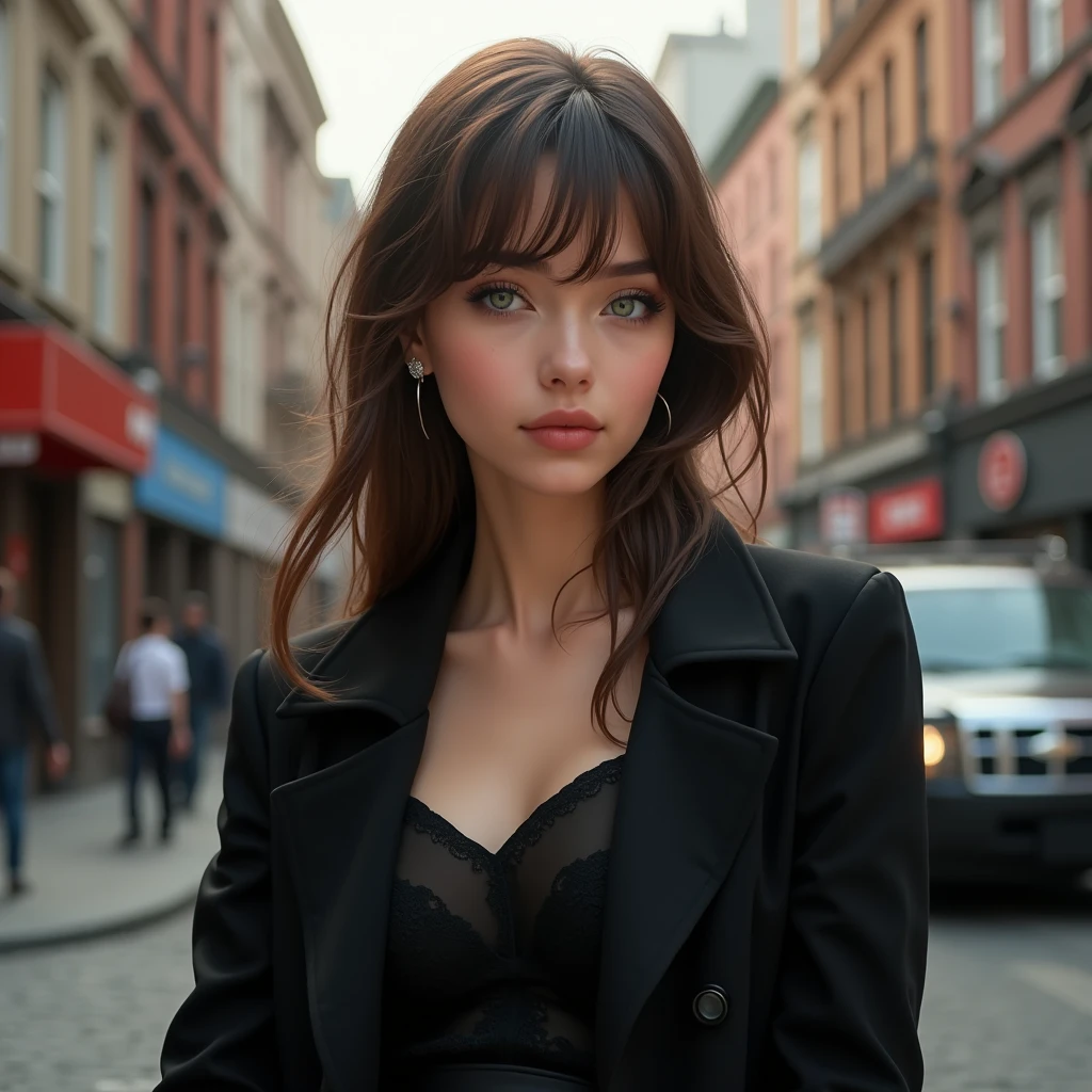[beautiful young woman], [green eyes], [straight brown hair with frizz], [perfect hands], [black coat], [black leather skirt], [in the city], [high quality], [realistic]