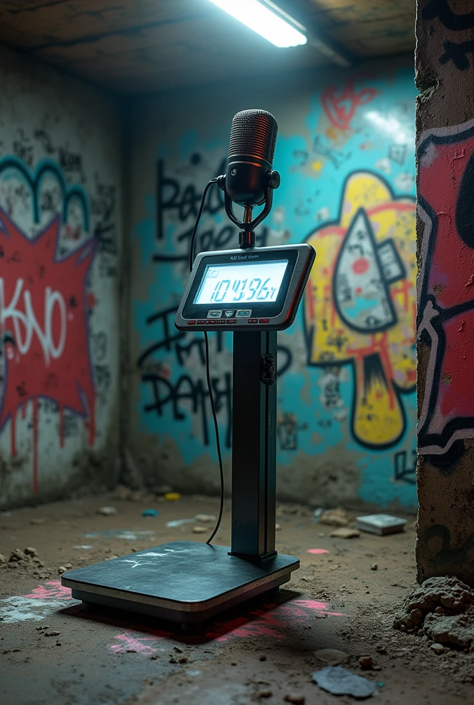 Make a digital scale with a microphone on top of it, with a very underground background all covered in graffiti