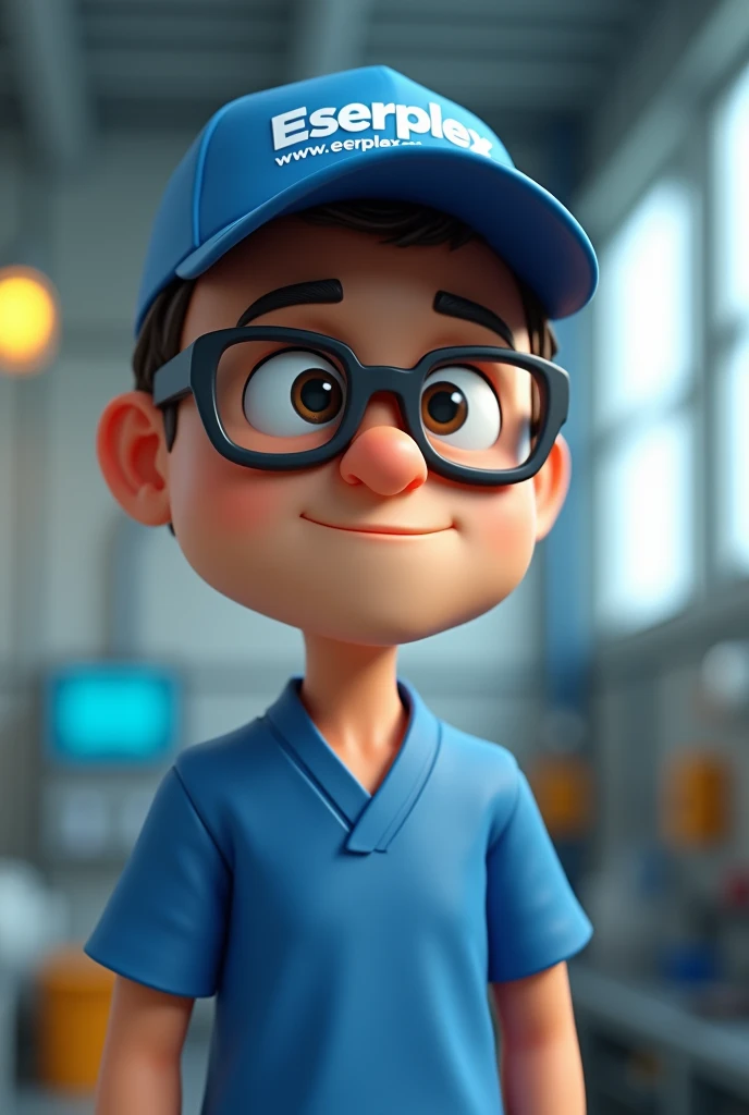 Cartoon character of a man with black glasses, a blue shirt, and a uniform similar to surgical attire, working in a plastic bag extrusion plant in the background, Pixar style, 3D render stylized, Arnold Maya render, toon render keyshot, close-up character pose, wearing a blue cap with the logo of Eserplex (www.eserplex.com) on the cap, Bokeh, best quality, detailed skin, detailed texture, 8K, clay texture, Cinematic lighting, sharp focus --ar 16:9 --s 750 --v 6 --style raw