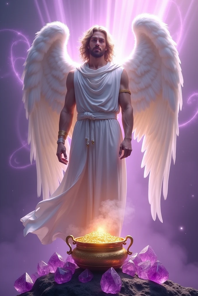 (Photorealism:1.2), Archangel Michael and Violet Rays Pot of Gold and Amethyst