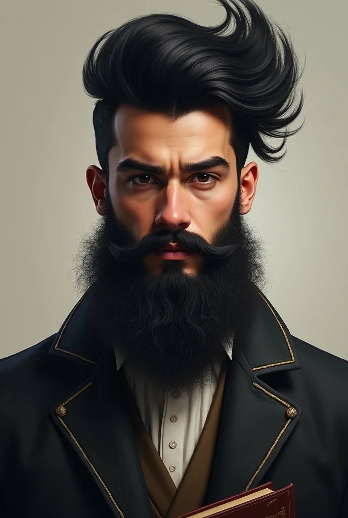 a young man with a beard and black hair, a large pompadour with an expression of exaggerated confidence, wearing a wise man&#39;s hat, holding a book or a globe symbolizing all the knowledge in the world .