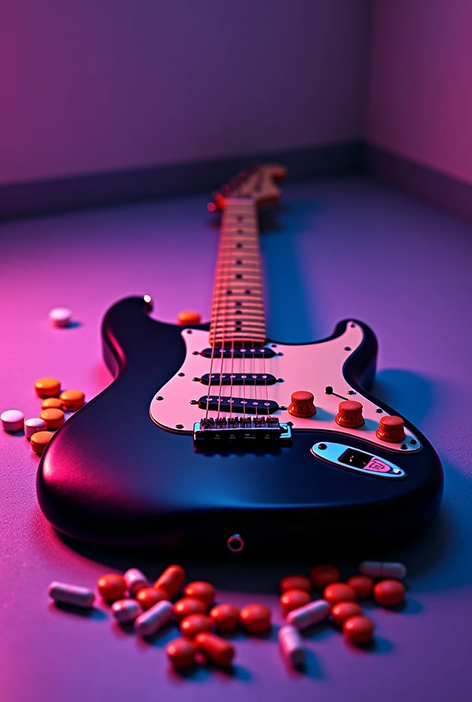 Asthetic photo of electric guitar lying on the floor with orange and white medicine pills on top with purple lighting and photo noise