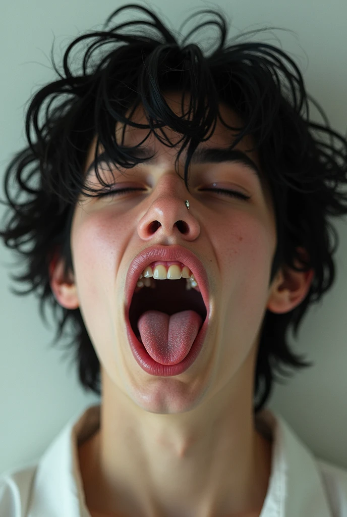 table top,,Awards - Awards Photos, very detailed, femboy, 20 years old, focus the eyes clearly, nose and mouth,face focus, boy with open mouth and rolling eyes, black camisole、3,black haired、symmetrical face,realistic nostrils、angle from below、elongated C-shaped nose,,,NSFW,white background、sweaty skin、Lighting that emphasizes the skin that shines with sweat、((Hook Nose))Skin shiny with sweat、shiny skin、(wet and shiny tongue)The skin around the nose becomes shiny with sweat.、vulgar face、(face of drug addiction)drug trip,bend diagonally sideways、